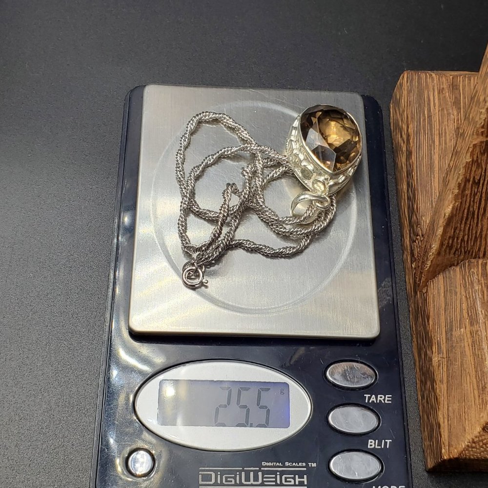 18 Inch Sterling Silver Large Smokey Quartz Gem Pendant Necklace - Picture 9 of 9